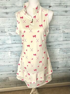 Sleeveless White Golf Print Zip-Up Dress with Pink Accents